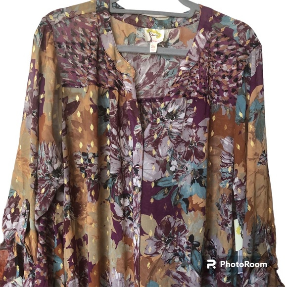 Anthropologie Fig & Flower Mixed Media Floral Button Front Semi Sheer Boho Plus - Picture 6 of 16